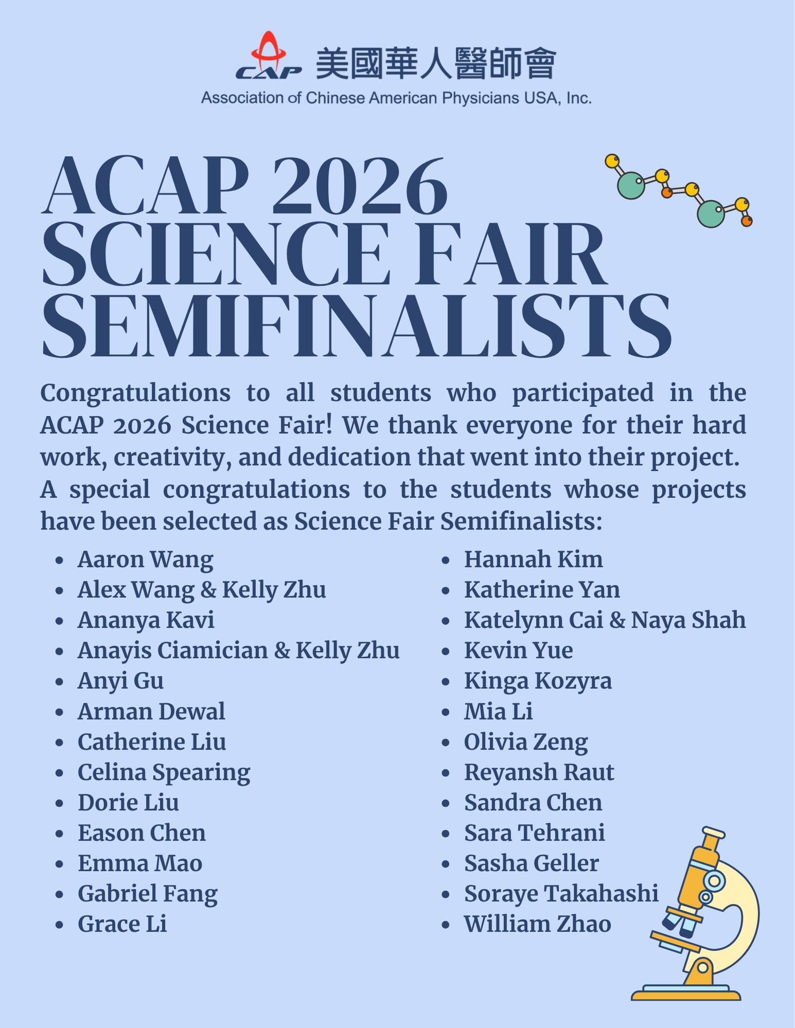 ACAP 2026 Science Fair Semifinalists